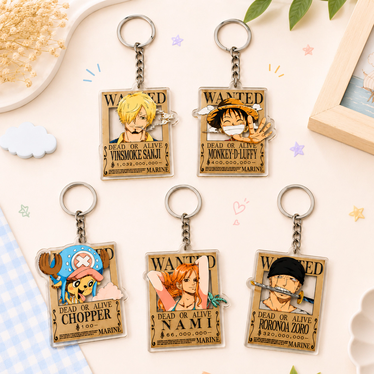 Set of 5 One Piece Luffy, Nami, Sanji, Chopper and Zoro Premium Acrylic Hanging Keychains|Perfect for bags, Keyrings and for Anime Lovers
